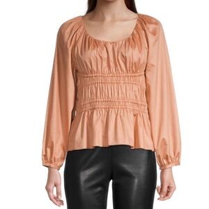 Rebecca Taylor Smocked Blouson-Sleeve Cotton Top Size XS